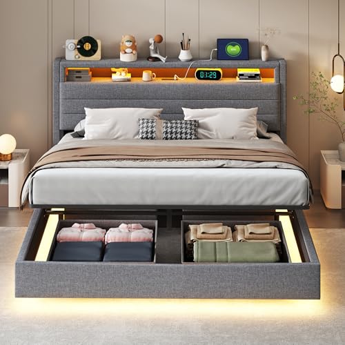 Moimhear Cama tapizada de 160 x 200 cm, marco de cama flotante hidráulico con espacio de almacenamiento, cama tapizada multifuncional con enchufe USB y luz LED, cabecero reversible, lino (gris (160 x