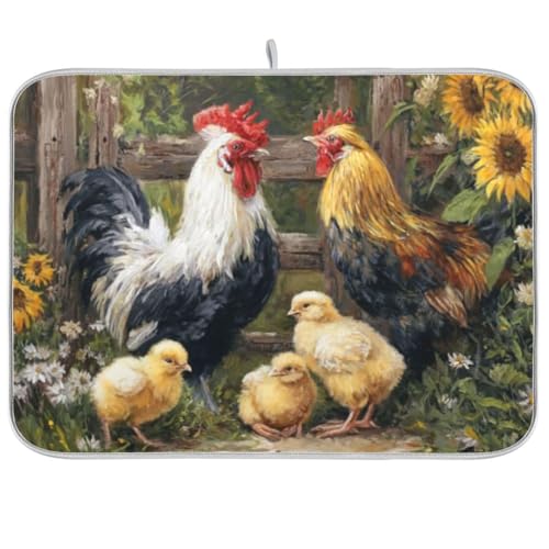 Kcldeci Chickens Roosters Dish Drying Mat Kitchen Counter Mat Draining Mat Kitchen Accessories Dish Rack Pad for Dishes, Utensils, Countertops, Sinks 18x24in