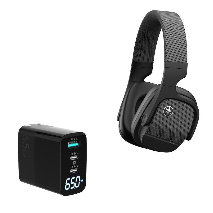 BoxWave Charger Compatible with Yamaha YH-L700A - PowerDisplay PD Wall Charger (65W), GaN 65W Powerful Folding Plug LCD Display - Jet Black