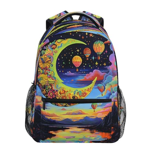 Colorful Moon Flower Backpack for School Boys Girls Adults Kids Bookbag Laptop Bag 15L