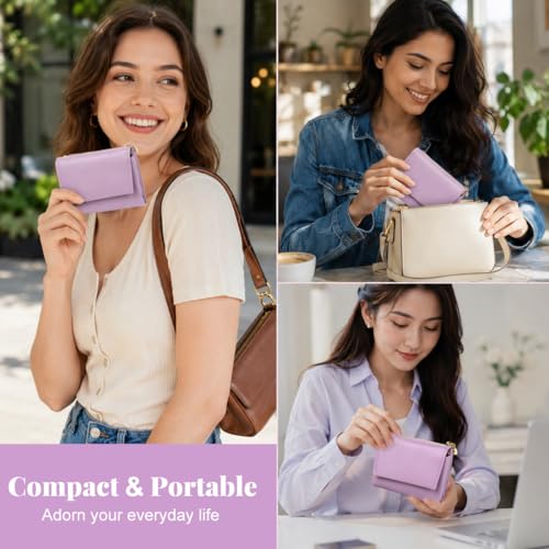Image of PALAY Wallet for Woman Purple Leather Mini Purse Blocking Trifold Small Wallet with ID Window and Zipper Coin Pocket Casual Pure Color Coin Purse for womenfor Everyday Use