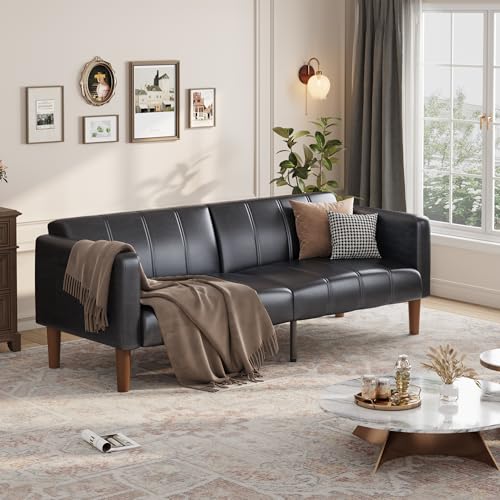 Image of GarveeHome Futon Sofa Bed, 75-Inch Modern Faux Leather Convertible Couch, Mid-Century Loveseat for Small Space, Living Room, Bedroom, Black