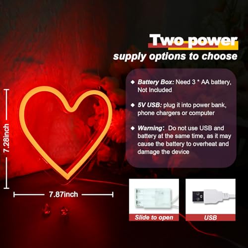 Image of Britrio Pink Heart Neon Sign, Red Heart LED Neon Light Room Decor for Girl Bedroom for Birthday Party Home Wall Decoration Mothers Day Valentine Gifts Battery Operated or USB Powered