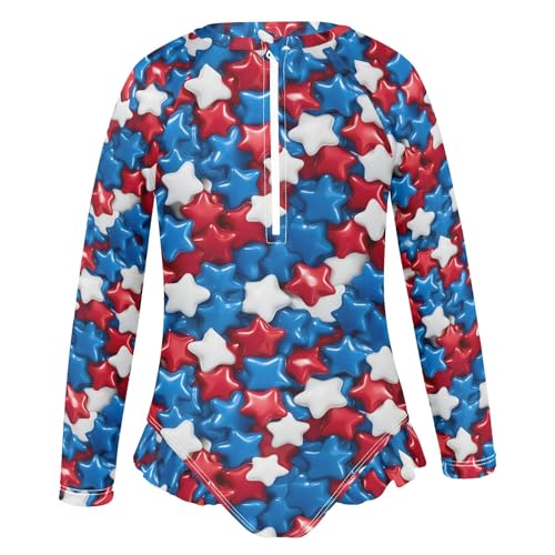 Independence Day Star Pattern Girls One Piece Rash Guard Swimsuit, Girls Long Sleeve Swimwear for 3-12Y2