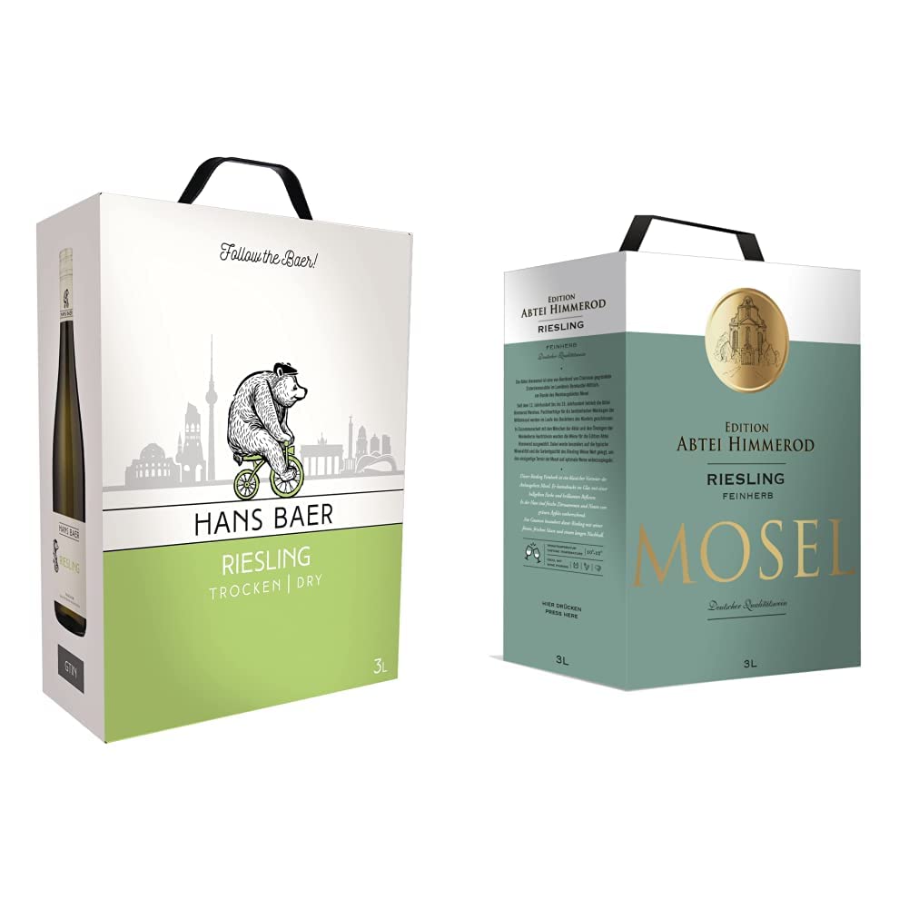 Hans Baer Riesling - Weisswein - Qualitätswein aus Rheinhessen, Deutschland - Bag-in-Box, 3l & ABTEI HIMMEROD - Riesling Feinherb - Weisswein - Herkunft : Mosel, Deutschland - Bag in Box BIB (1 x 3 l)