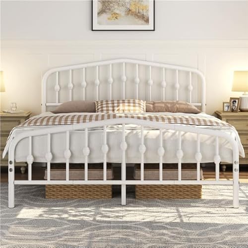Yaheetech Struttura Letto Matrimoniale in Metallo con Testiera e Pediera 160 x 200 cm Bianco Facile Montaggio Altezza 32 cm Moderno