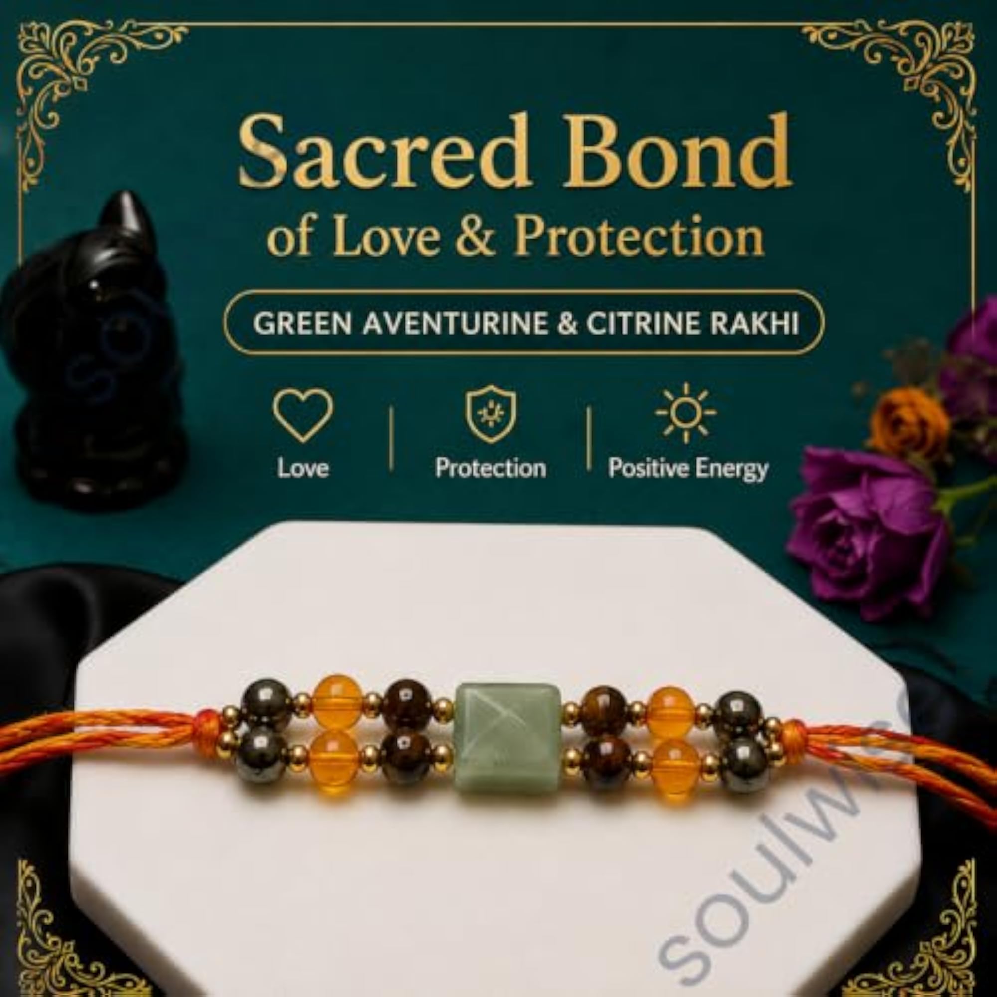 Soulwise Natural Green Aventurine Pyramid & Citrine Rakhi, Elegant Gift