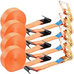 TLGREEN 4-Pack 2 x 27 ft Ratchet Straps, 11,000 lb, Flat Hooks, Orange | Flat Hook Ratchet Straps for Heavy Cargo; Secure Trucks, Trailers And Flatbeds during Transport Or Storage