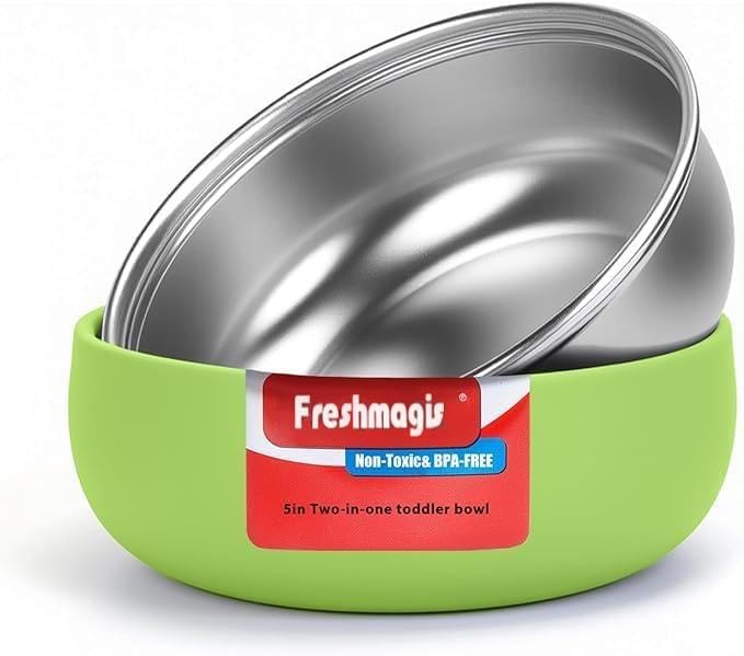 Freshmagis Edelstahl Baby Teller mit Saugnapf | Kindergeschirr Edelstahl | 12,7-cm-Schüsseln, BPA-frei, spülmaschinengeeignet | Essenszeit ohne Sauerei | 1 Pcs