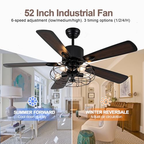 Image of 52'' Black Industrial Farmhouse Vintage Caged Fandelier Fan with Light