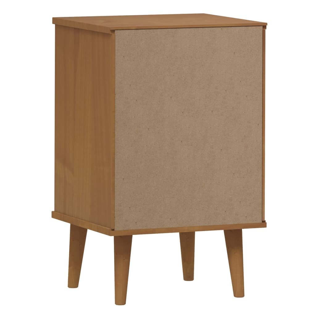 Comodino Marrone MOLDE in legno massello di pino 40x35x65 cm con 3 cassetti robusti e finitura vernice UV, mobiletto salvaspazio per camera da letto, soggiorno, ufficio, ingresso