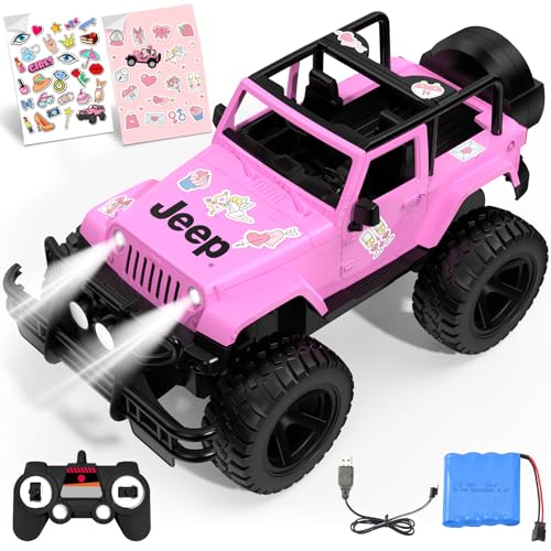 DOUBLE E Official Jeep Licensed 1:14 Scale Pink Remote Control Car Open Top RC Jeep with 2 DIY Sticker Sheets 2.4GHz RC Off-Road Vehicle with LED Headlights Birthday Gift for Girls Ages 6+