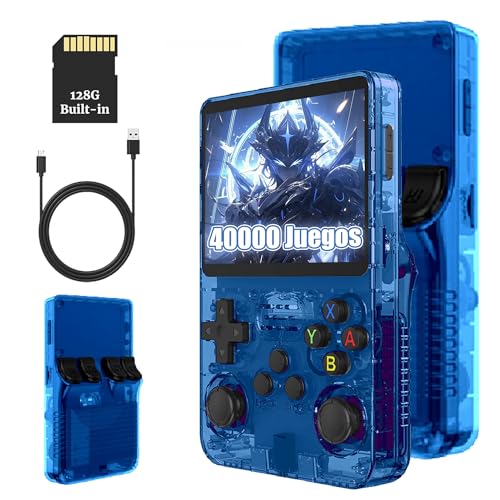 R36S Consola de Juegos Retro 128GB, Consola de Juegos Emuladora Portátil con 40000+ Juegos, Pantalla IPS de 3,5 Pulgadas, Sistema Linux, Soporta Muchos Emuladores, Joysticks 3D (Azul Oscuro)