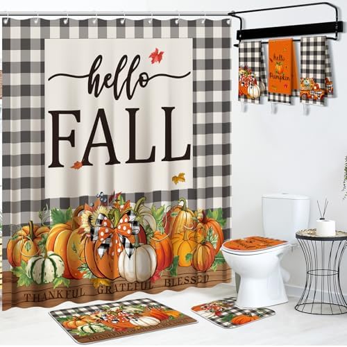 HunnmingRe 7 Pcs Thanksgiving Shower Curtain Set for Bathroom Fal...