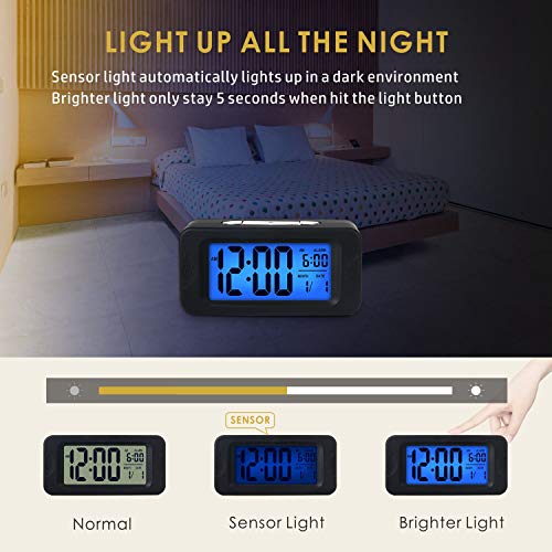 Digital Alarm Clocks - Plumeet Kids Clock Light Up All Night, 4'' LCD Display Showing Time Alarm Date - Bedside Clocks with Snooze for Bedroom Kitchen Office Battery Operated (Black)