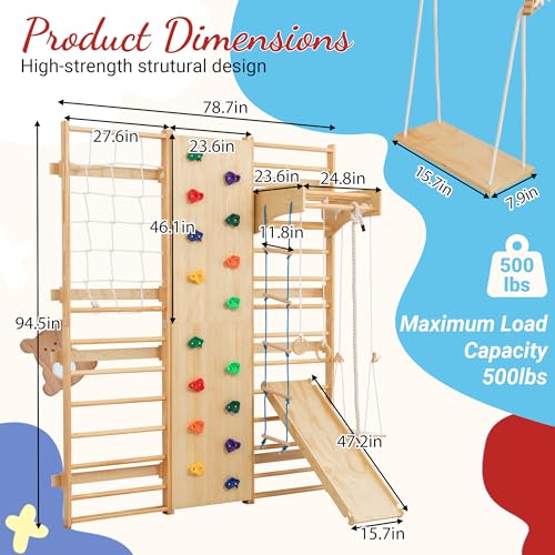 Image of 10-in-1 Swedish Ladder Indoor Jungle Gym for Kids Ages 3-12, 500 LBS Wooden Wall-Mounted Climbing Set with Slide, Swing, Rings, Monkey Bars - Montessori Play & Fitness Playground