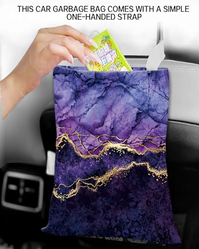 Image of Car Garbage Can, Car Trash Bag, Car Garbage Bag, Hanging Car Trash Can for Car Accessories, Vehicle, Travelling, Camping, Cute Car Back Seat Organizer, Luxury Purple Marble