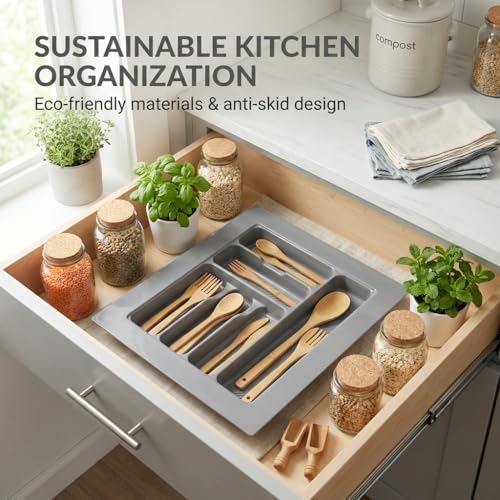 Image of SmartSlide 500MM PVC Cutlery Tray For Kitchen Drawer Modular Kitchen Tandem Drawer Organizer Adjustable Width & Depth Grey Non-Slip Surface (500 x 535 MM)