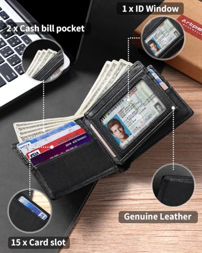 Image of Artpaxy Mens Wallet Bifold Genuine Leather RFID Blocking Wallet for Men with 1 ID Window 15 Card Holders 2 cash pockets 1 Gift Box