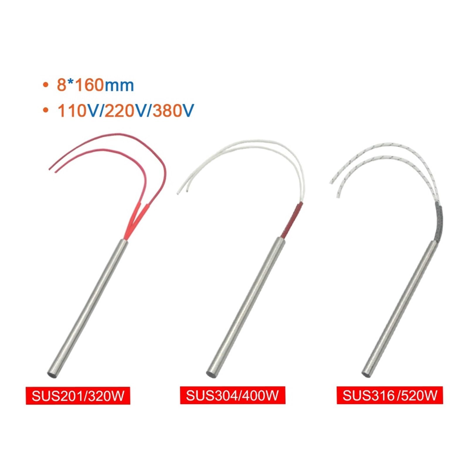 10 szt. 8 mm/0,314" wkład grzejny o wysokiej gęstości grzejnik 160 mm 320 W/400 W/520 W 110 V/220 V/380 V do formy (110 V, 316SUS 520 W, 8 x 160 mm)