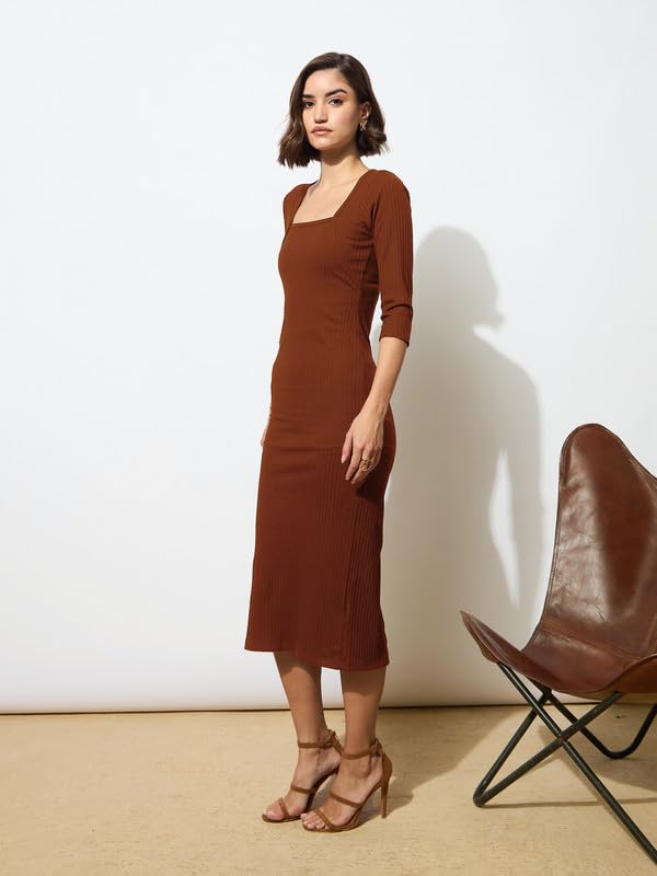 Image of barcino Black Rib Square Neck Sticth Detail Midi Dress