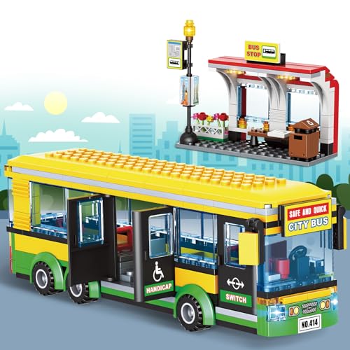 City Bus Building Blocks Set for Kids 6+ 386PCS Pushable Bus Toy with Station Platform Realistic Doors & Seats Compatible with Lego Bricks STEM Educational Vehicle Model Gift for Boys Girls Adults