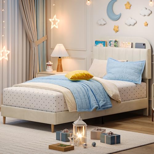 GarveeHome Twin Bed Frame with Storage Headboard, Velvet Upholstered Platform Bedframe for Kids, Girl Bed, Strong Wooden Slats, Noise-Free, Easy Assembly, No Box Spring Needed, Beige
