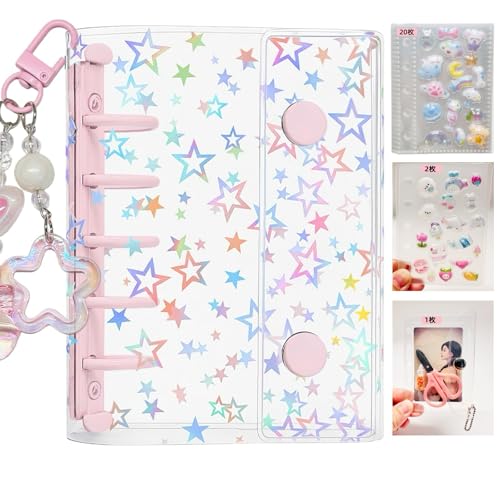 Muratuki 透明バインダー 星柄 シール収納手帳M5,プラバン ミニ ポケットサイズ【バインダー×1個 リフィル×20枚 下敷き×2枚 ミニ財布×1個】3層構造PPシート カードスリーブ 推し活収納 剥がせるシール台紙 女の子 コラージュノート クリア手帳 プリ帳 システム手帳 (ピンク)