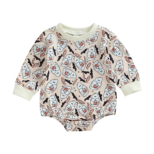 Image of Baby Halloween Outfit Girl Boy Pumpkin Patch Romper Sweatshirt Crewneck Bubble Onesie Pullover Cute Clothes (Ghost, 0-3 Months)