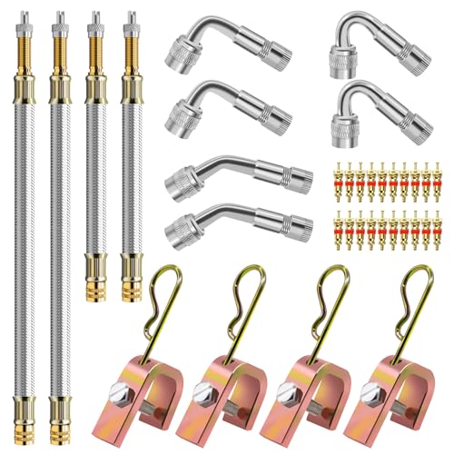Image of 15pcs Valve Stem Extension with Tire Valve Stem Cores Kit, 45 90 135 Degree Brass Valve Stem Extender and 7 inch 12 inch Stainless Steel Braided Stem Extension Adaptors for Most Cars Truck