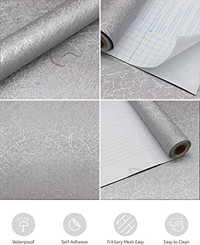 Image of Silver Wallpaper Embossed Self Adhesive Peel and Stick Removable Home Decoration Cabinet Counter tops Furniture Counter top Solid Color Shelf Paper Silk