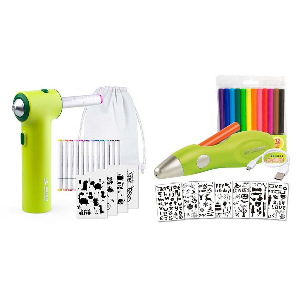 JOLLY Airbrush Textil Set, inkl. 12 Textilmarker mit Doppelspitze & Airbrush Fun | Farben sprühen für Kinder | Ungiftig (Airbrush), 20-teiliges Set, grün