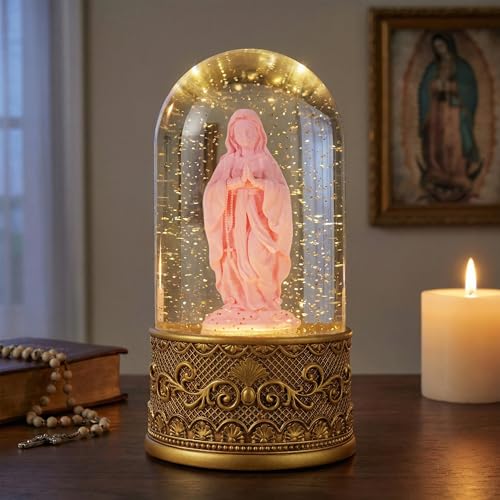 Catholic Virgin Mary Snow Globe, Religious Figurine with Music & USB/Battery Power, 6-Hour Timer, Decorative Night Light for Home, Church, Prayer Room, Religious Gift for Women Mom Grandma (Gold)
