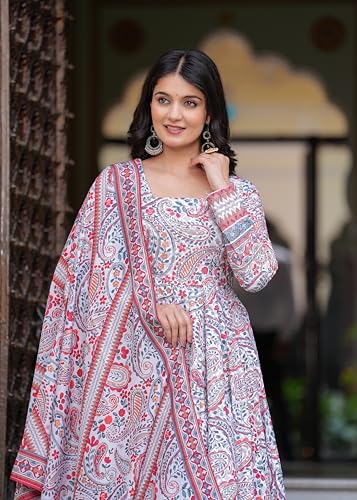 Image of Cotton Anarkali Shiffly Work with Floral Printed Anarkali Kurta Pant with Dupatta