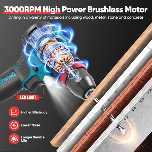 21V Brushless Cordless Combi Drill Set, Electric Screwdriver Cordless Drill Hammer 3 in 1 with 2 Batteries 2000mAh, 24+1 Torque Electric Drills, 2 Spees LED Drill Set for Home and Garden DIY Project - Image 3
