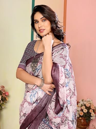 Image of Sidhidata Women's Cotton Linen Blend Lining Digital Printed Saree With Unstitched Blouse Piece (Linen Lining Saree)