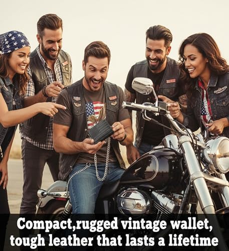 Image of F&L CLASSIC RFID Blocking Men's Tri-fold Vintage Biker Cowhide Leather Steel Chain Wallet,Snap closure, black, flag,315-200