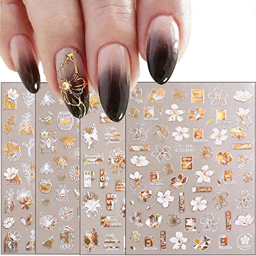 9 Sheets Flowers Nail Art Stickers Decals, 3D Self-Adhesive White Gold Cherry Blossom Flower Leave Spring Nail Decals For Women Girls Diy Nail Manicure Decoration #TOP7