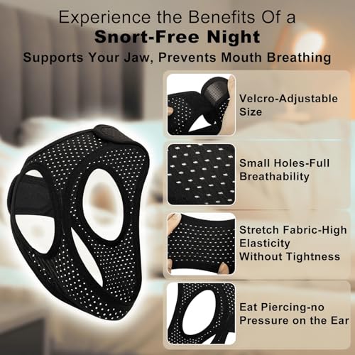 Sleep Apnea Devices - Chin Strap for Sleeping, Airflow Jaw Strap, Effective Anti Snoring Solution for Men and Women, Anti Snore Devices Breathable and Reusable (Black & 54CM & 1PCS)
