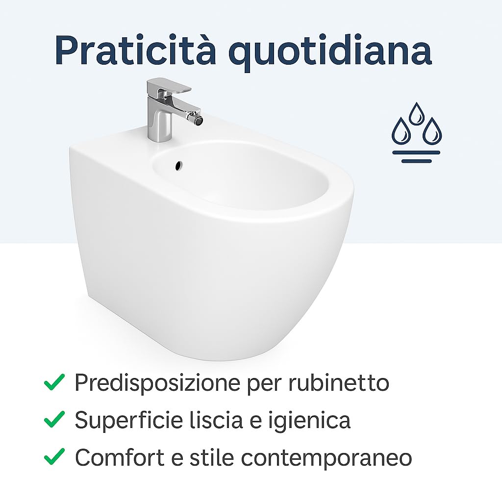 Bidet Filo Muro Infinity Bianco Lucido, Made in Italy – Sanitari Bagno Filomuro Moderni a Terra, Design Elegante e Raffinato - Facile Installazione, Alta Qualità e Comfort (Bidet, Bianco Lucido)