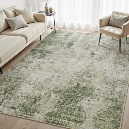 4x6 Area Rugs for Living Room Non Slip Machine Washable Rug Distressed Abstract Soft Indoor Carpet Neutral Boho Rug for Bedroom Dining Room Playroom Office, Green New-green 4' x 6' (Rectangu