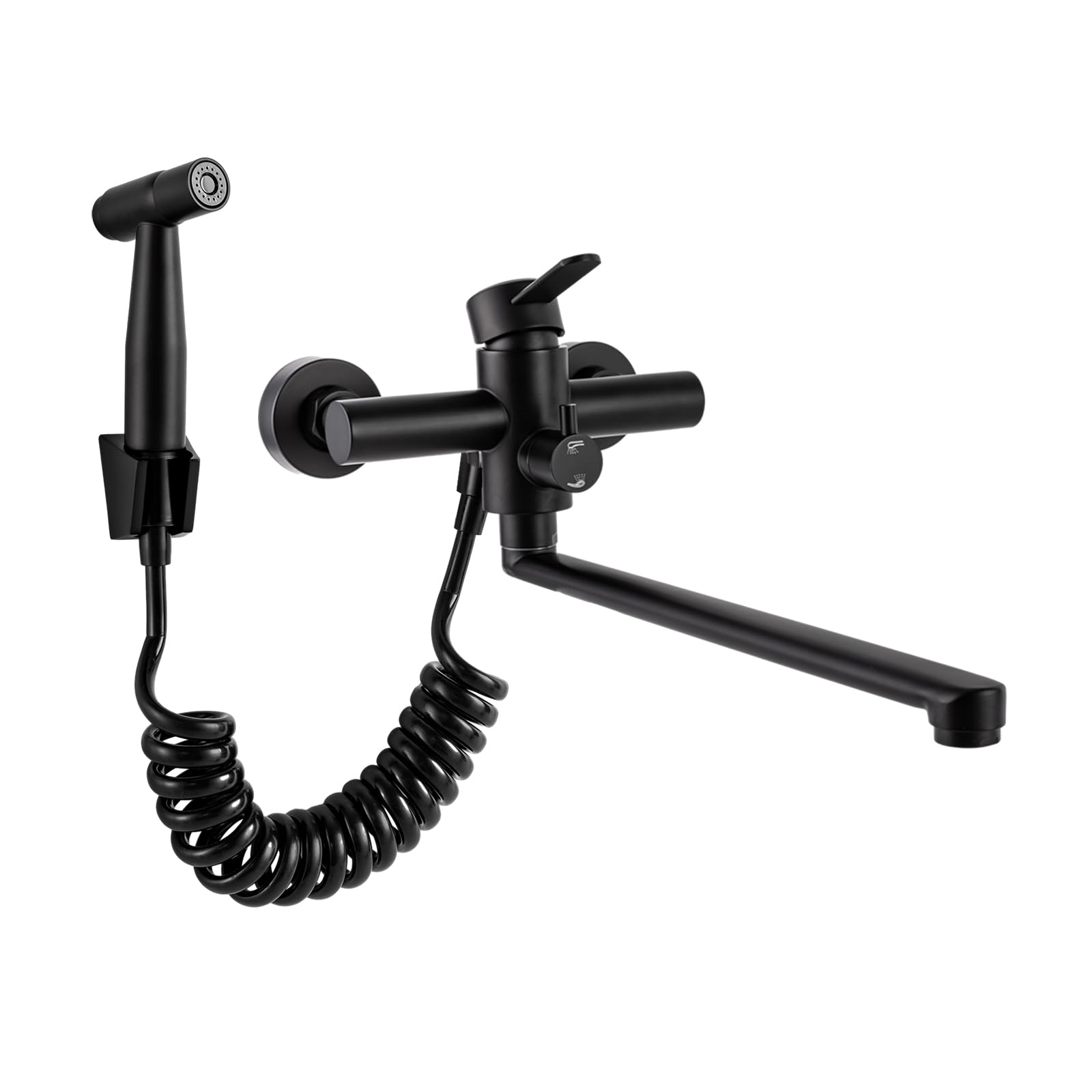Grifo Monomando Pared con Pistola Pulverizadora para Cocina, Montaje en Pared, Acero Inoxidable Cepillado, Grifo Fregadero Giratorio 360°, Tubo Giratorio de 35 cm