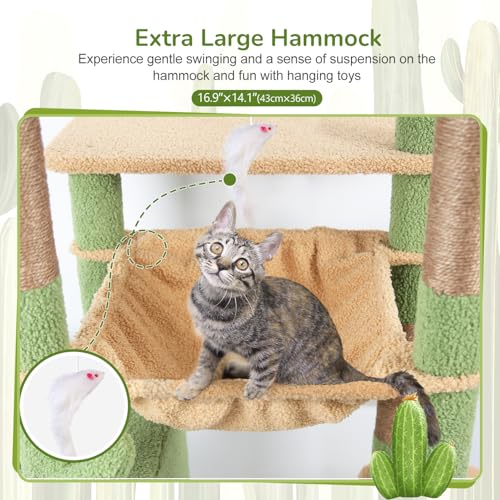 Image of Globlazer Large Cactus Cat Tree Tower, 70in Tall Heavy Duty Green Cat Tree for Indoor Cats Sturdy Cat Tower with Scratching Post and Board, Hammock, Cat Condos for Adult Cats Kittens, F70 Pro, Green