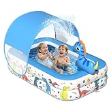 JOSEN Piscina infantil de dinosaurio con toldo y aspersor, piscina inflable para bebé con piso acolchado suave, piscina inflable portátil para niños pequeños, para patio trasero, juguetes de juego al