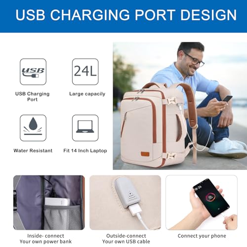 WENIG Sac 40x30x20 Bagage Cabine 40x30x20 pour Ryanair Sac à Dos Voyage Cabine Avion pour Wizzair 24L Sac à Dos Voyage Femme Bagage à Main avec USB Charging Port Beige-brun – Image 5