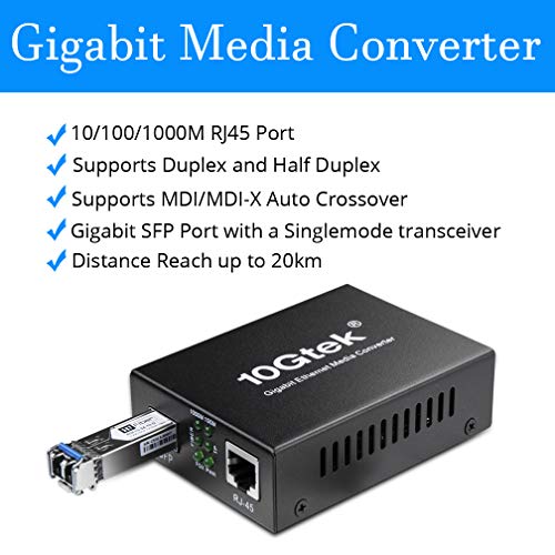 Image of A Pair of Gigabit Single Mode LC Fiber Media Converter, with 2 Pcs SFP LX Modules, 1.25G /s Fiber to Ethernet Converter, 1000Base-LX to 10 /100 /1000base-TX, SFP to RJ45, SMF, 1310nm, up to 20km