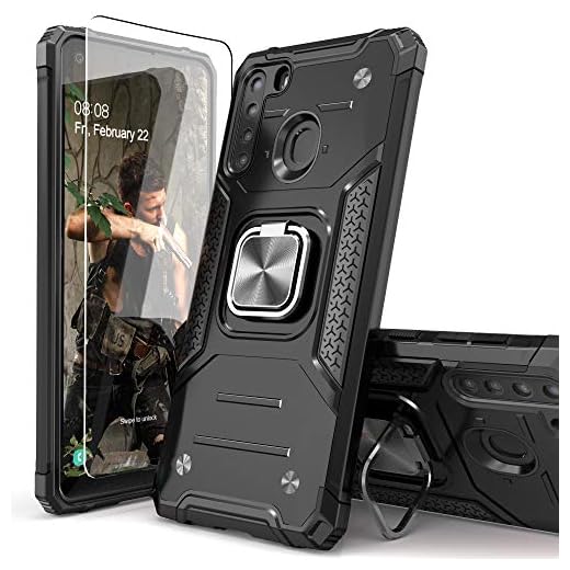 IDYStar Galaxy A21 fodral med härdat glas skärmskydd, hybriddropptestskydd med kortmontering ställ smal passform skyddande telefonfodral för Samsung Galaxy A21, svart