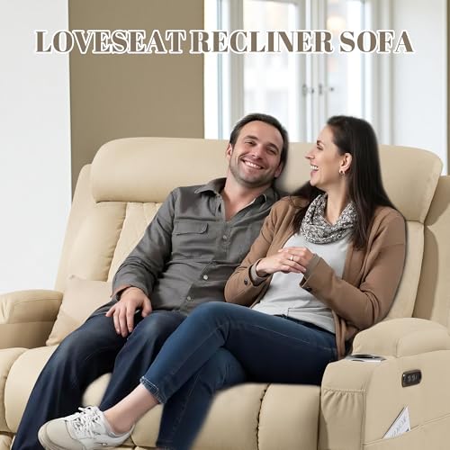 Image of Zero Wall Hugger Power Reclining Sofa Set with Adjustable Headrest, Electric Reclining Couch with Drop-Down Table, Reclining Sofa and Loveseat Set for Living Room (Beige, Sofa+Loveseat)