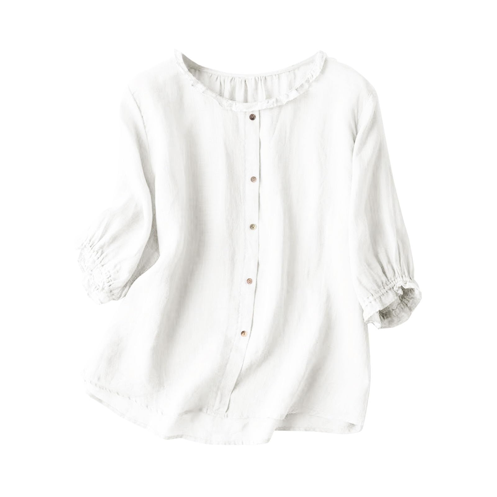 Generic Camisa de mujer de algodón y lino, monocolor, manga 3/4, blusa elegante, cuello redondo, suelta, verano, camisetas con botones, tallas grandes, camisetas de verano, camisas informales