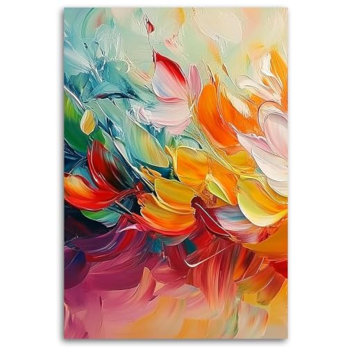 Pintura abstracta sobre lienzo colorida, arte de pared de flores al óleo en formato de 50x70cm